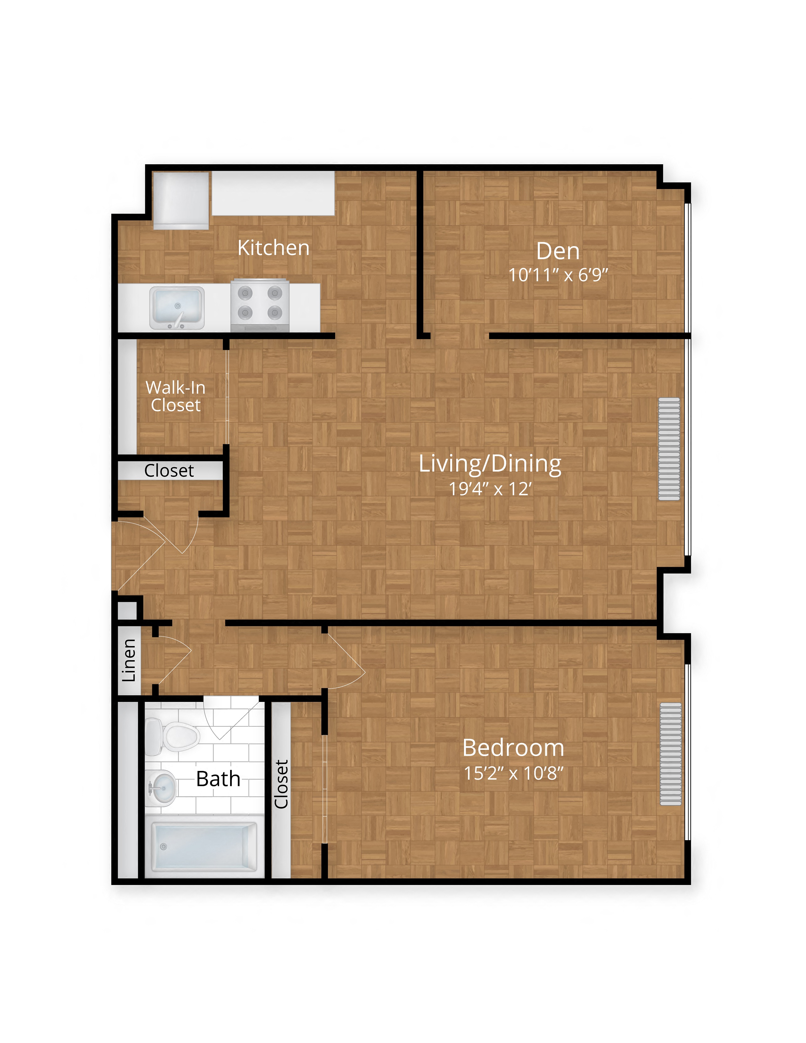 Floor plan for 1 bed, 1 bath, 763 sqft